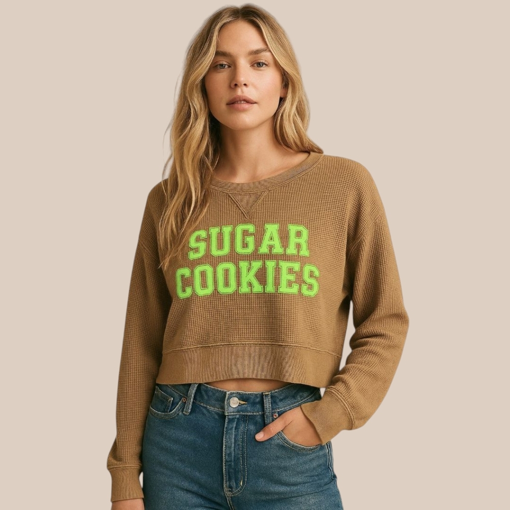 Aerie Waffle Knit Thermal Cropped Sweatshirt V Notch Neck Varsity‎ Graphic S
